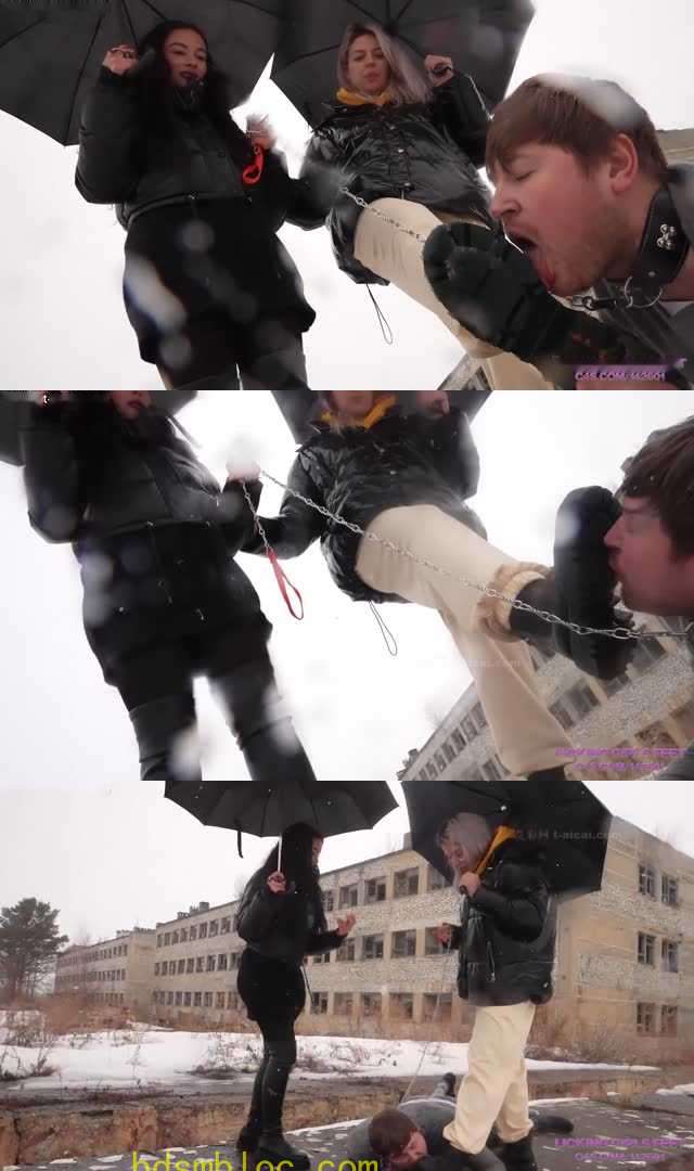【欧美女王】LGF-Rada和Jane冰天雪地遛狗舔脏鞋底浓痰吐贱狗一脸！又冷又脏！